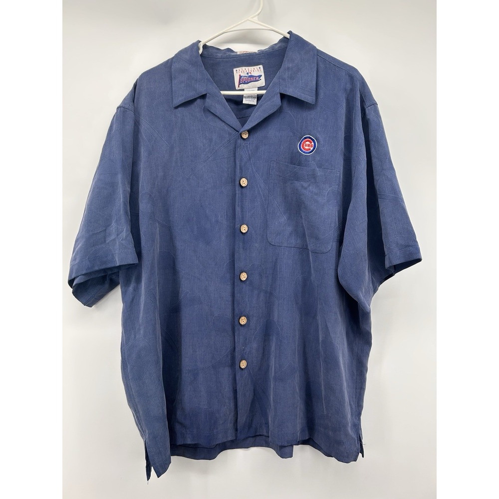 Reyn Spooner Chicago Cubs Shirt Mens L Blue Silk Jacquard Baseball Camp READ